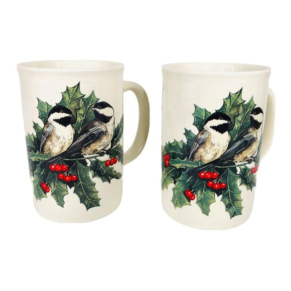 2 Otagiri Chicadee Christmas Mugs Holly Leaves - Picture 1 of 6